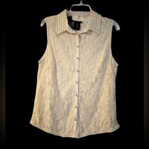 Metaphor Ivory Lace Top with pearl buttons and collar | Large Y2K